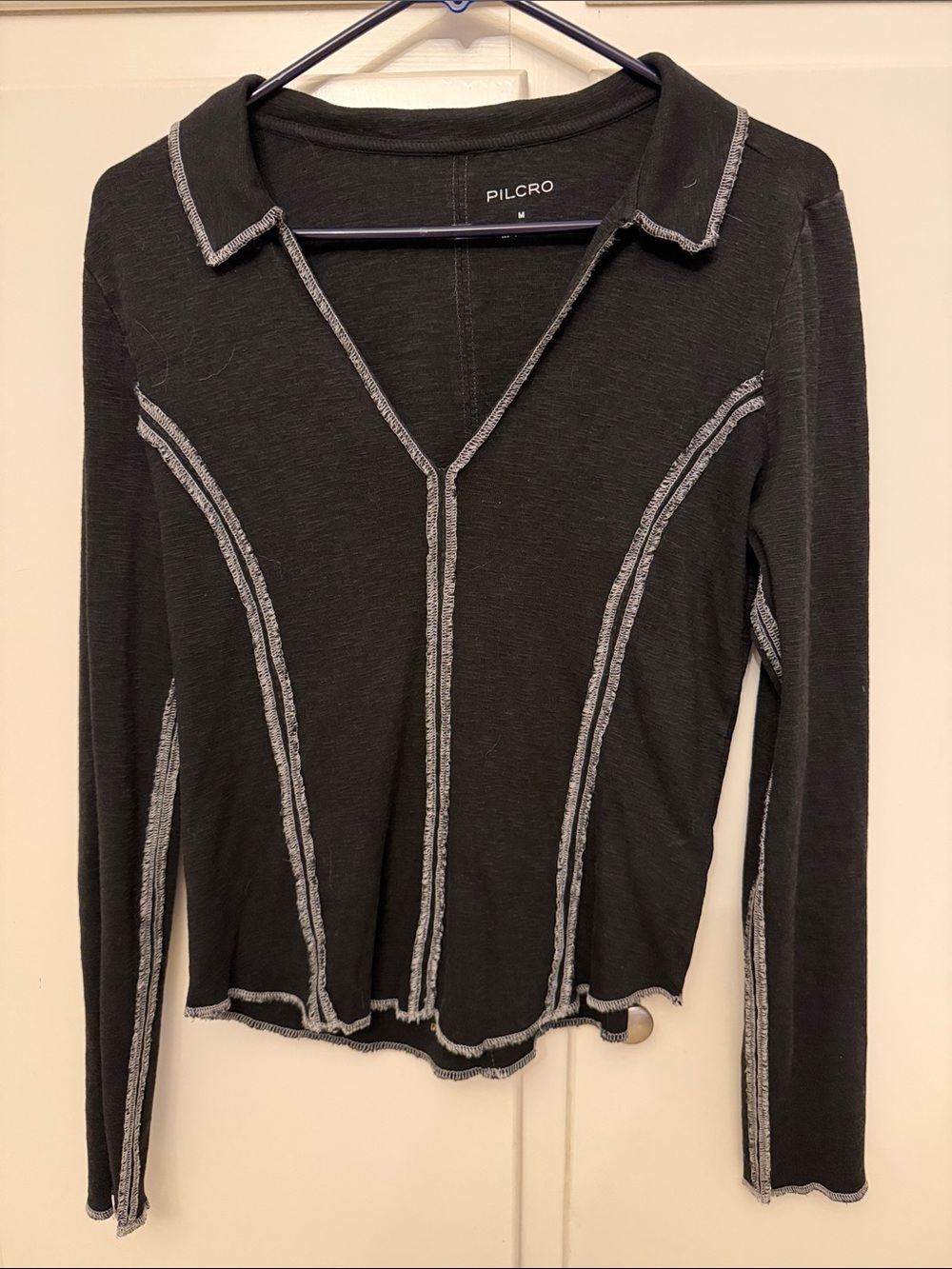 Pilcro Black Long-Sleeve Polo Top with Contrast Stitching